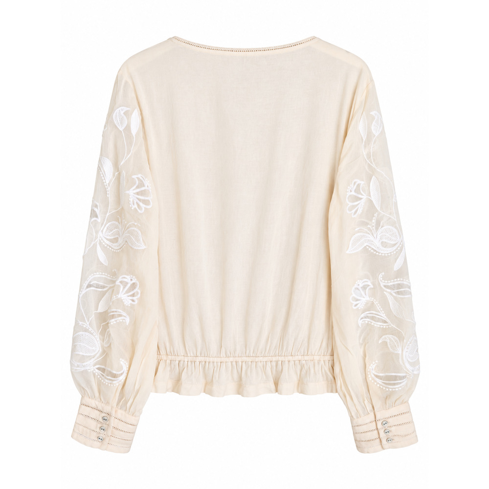 Anthropologie Embroidered Blouse Womens M Creme V Neck Ruffle Hem NWT - Picture 2 of 8